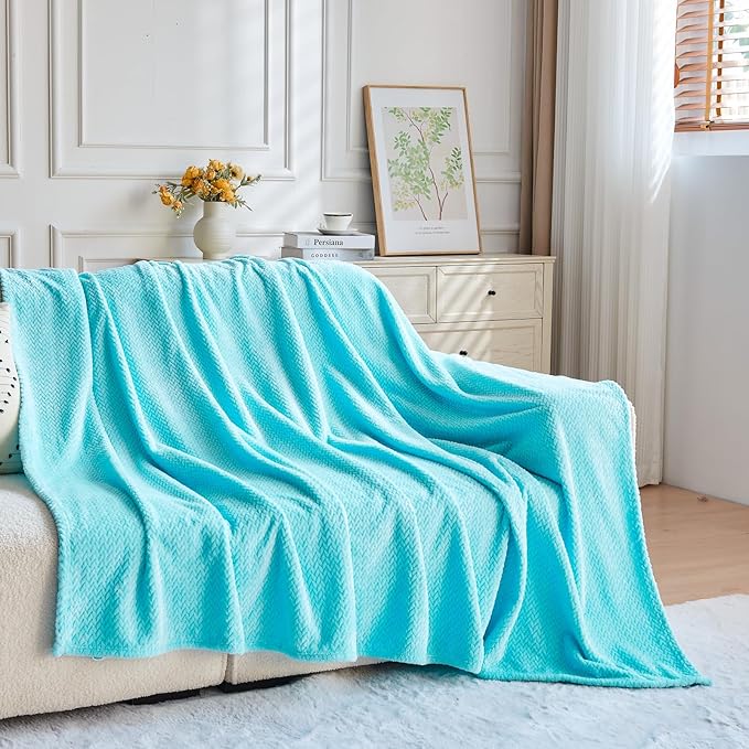 NEWCOSPLAY Super Soft Queen Blanket Turquoise Premium Silky Flannel Fleece Leaves Pattern Lightweight Bed Blanket All Season Use (Turquoise, Queen(90"x90"))
