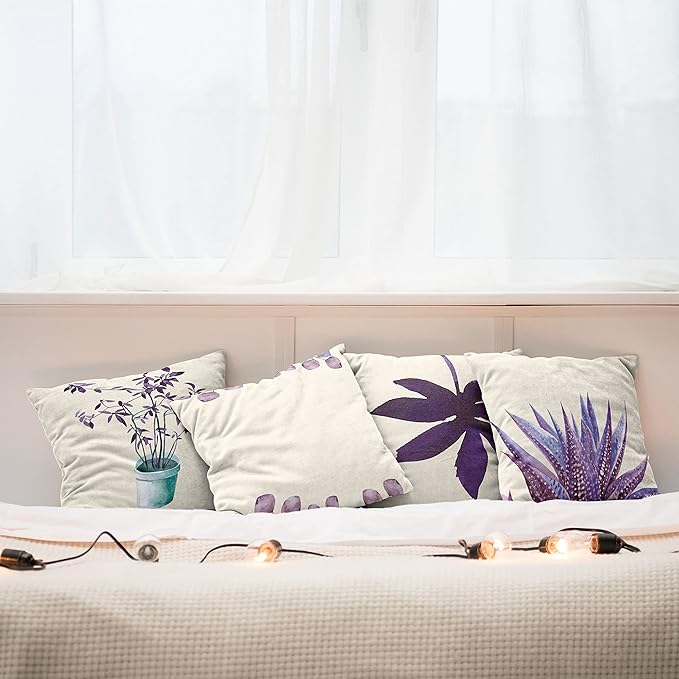 Ambesonne Botanical Throw Pillow Cushion Case Pack of 4, Minimalist Watercolor Painting Leaves Agave Branches Plant in a Pot, Modern Accent Double-Sided Digital Printing, 18", Quartz and Lavender