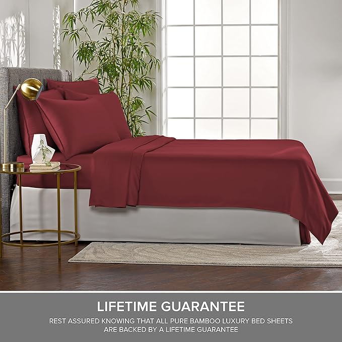 Twin Sheets by Pure Bamboo, Genuine 100% Organic Viscose Derived from Bamboo Bed Sheet Set, Luxuriously Soft & Cooling, Double Stitching, Lifetime Quality Promise (Twin, Merlot)