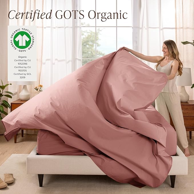 Bare Home 100% Organic Cotton Twin Sheet Set - Crisp Percale Weave - Lightweight & Breathable - Bedding Sheets & Pillowcases (Twin, Dusty Rose)