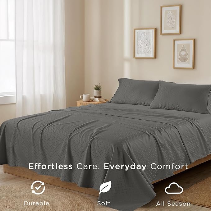 Threadmill Cotton Twin XL Sheet Set | 100% Cotton Sheets for Twin XL Size Bed | Damask Jacquard Sateen Twin XL Bed Sheets Set with 16” Deep Pocket | Soft Breathable 3-Piece Cooling Sheets | Dark Grey