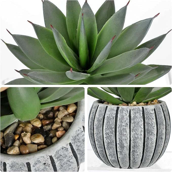 Briful Artificial Aloe Succulent Plant in Aged Cement-Look Ceramic Pot – 8" Tall Faux Agave Plant with Decorative Pebbles – Realistic Desk or Shelf Decor for Home, Office, Bathroom