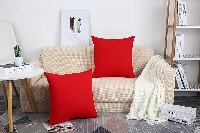 TangDepot Handmade Decorative Solid 100% Cotton Canvas Throw Pillow Covers/Pillow Shams, (18"x18", Red)