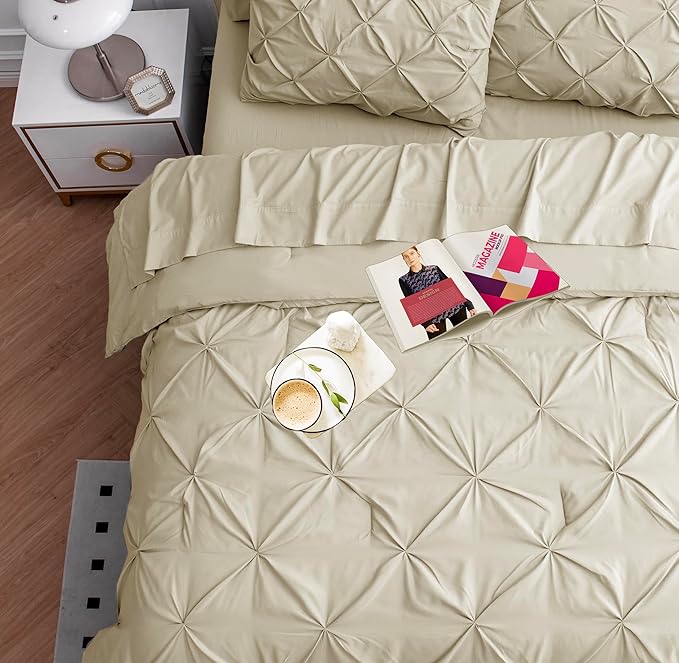 Lane Linen Queen Comforter Set with Sheets, 7 Piece Set, Pintuck Design, Soft Bedding, Bed Set - Linen