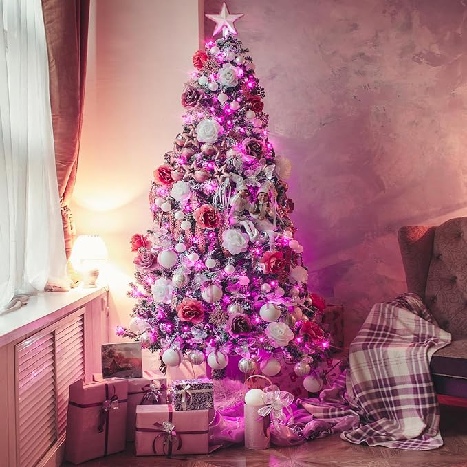 JMEXSUSS 33ft 100 LED Pink Christmas Lights, Pink Battery Operated Lights with 8 Modes Remote, Indoor Outdoor String Light for Bedroom Christmas Party Tree Decorations
