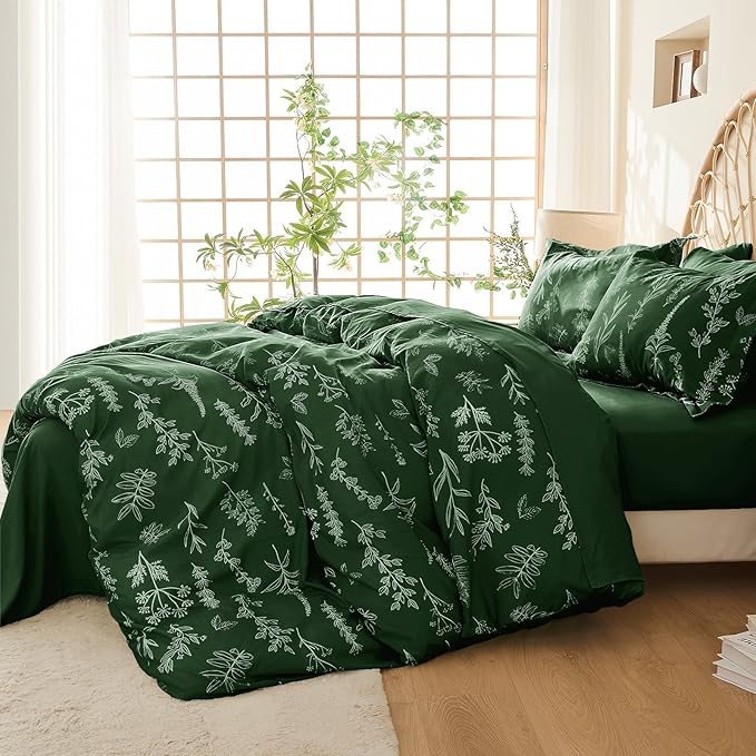 MUXHOMO Dark Green Twin Comforter Set, Elegant Floral Print Bed in a Bag 5 Pieces, Ultra Soft & Breathable Reversible Botanical Pattern Bedding Set with Comforter, Sheets, Pillowcase, and Sham