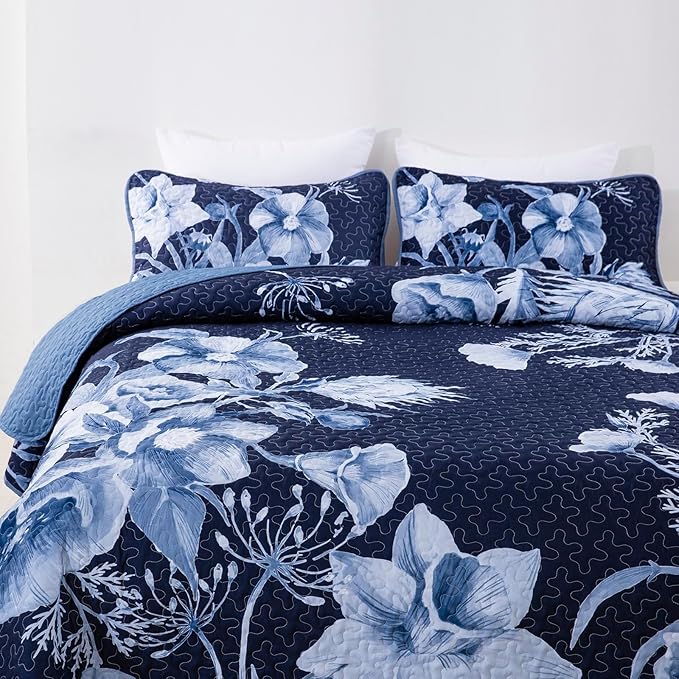 Floral Quilt Set Queen 3 Pieces Navy Blue Floral Quilt Coverlet Set Soft Microfiber Lightweight Navy Blue Quilted Bedspread for All Season 90"x96"