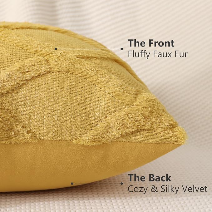 decorUhome Throw Pillow Covers 22x22 Inch Set of 2, Soft Plush Faux Fur Wool Mustard Yellow Couch Pillow Covers, Decorative Neutral Pillow Cases for Bed Sofa Living Room Home Decor