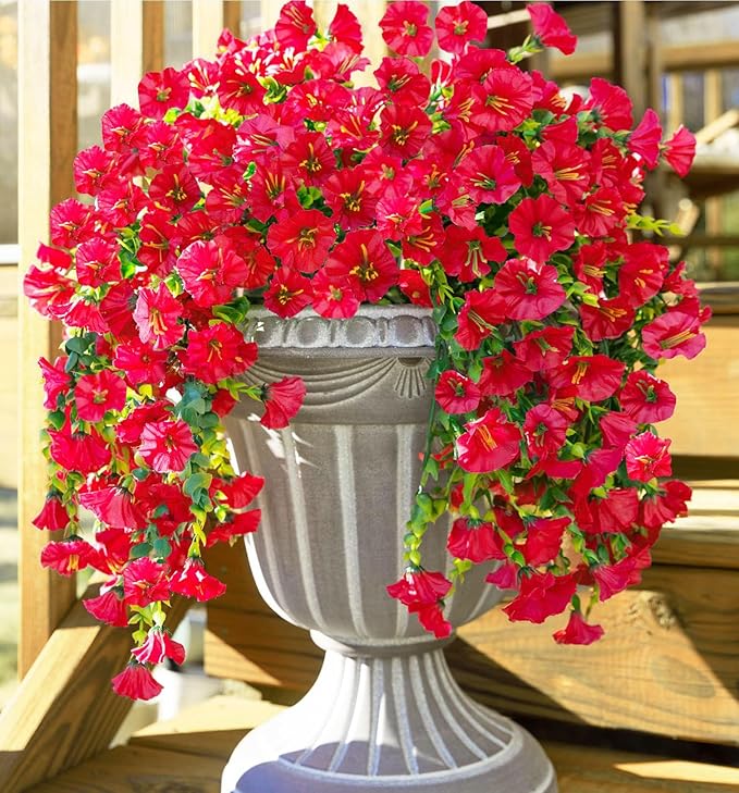 6-Pack Outdoor Faux Plants, 69-Flowered Large Morning Glory, Uv-Resistant Artificial Morning Glory,Perfect for Outdoor Decoration in All Seasons Such as Porches and Gardens (Red)