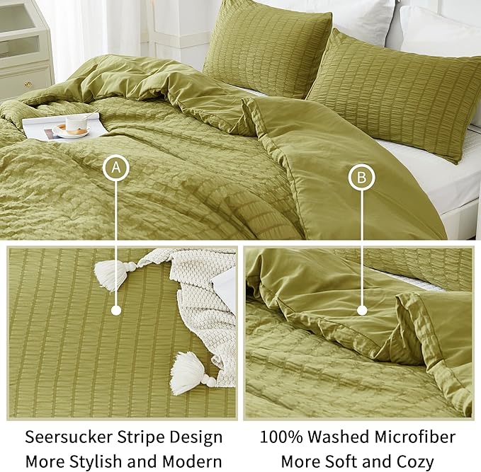 AveLom Olive Green Seersucker Twin/Twin XL Comforter Set (68x90 inches), 2 Pieces-100% Soft Microfiber Lightweight Comforter with 1 Pillowcase, All Season Down Alternative Comforter Set for Bedding