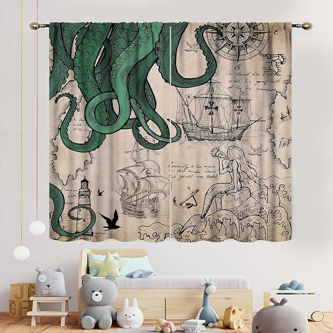 Nautical Octopus Curtains, Coastal Old Pirate Map Sailboat Compass Vintage Magic Ocean Kraken Octopus Tentacles Window Drapery Treatment for Bedroom Living Room Kitchen Bathroom 2 Panels, 63"x63" Inch