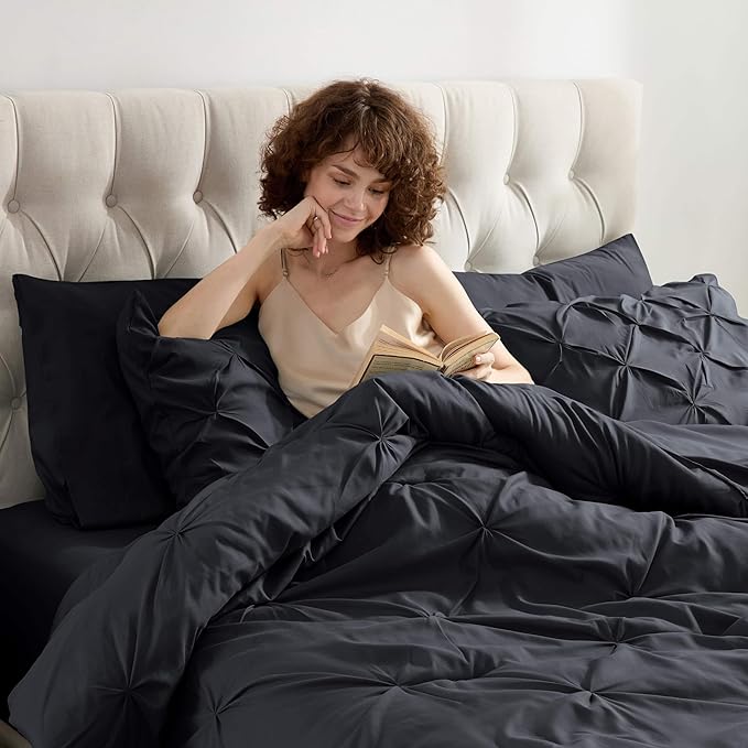Nestl Queen Comforter Set 7 Piece - Pinch Pleated Comforters Queen Size Black, Bed in a Bag Queen All Season, Queen Size Comforter Sets Bedding with Flat Sheet and Fitted Sheet, Pillowcases and Shams