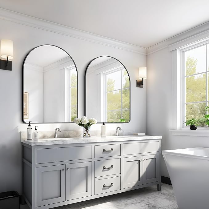 GLASHOM 30"x40" Black Arched Mirror for Bathroom, Wall Mounted Mirror, Aluminum Alloy Brushed Framed Wall Mirror, Anti-Rust, Large Mirror for Over Sink, Bedroom, Entryway (Vertical)