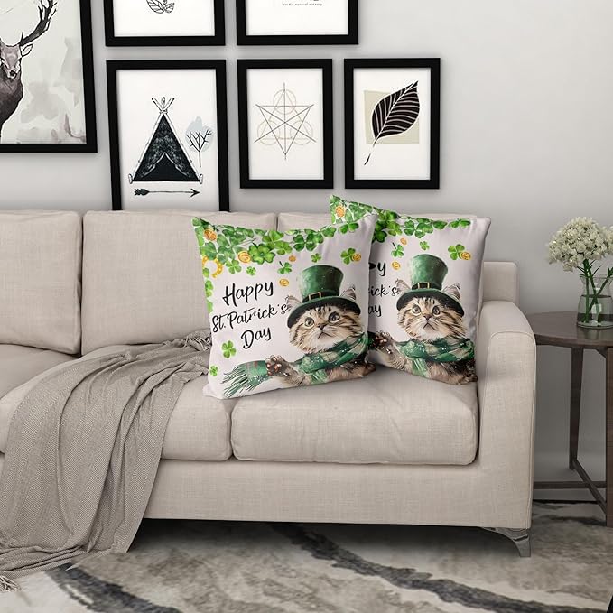 Giwawa Patrick Cat Throw Pillow Covers Set of 2, 16x16in Happy St Patrick's Day Kitten Decorative Square Pillow Cases, Clover Shamrock Soft Cotton Cushion Covers for Sofa Couch Bedding Decor