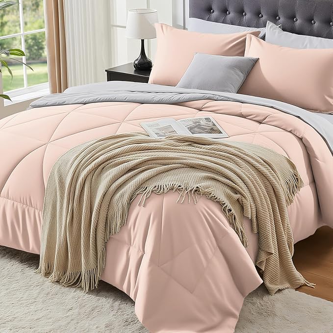 BEDELITE Twin Comforter Set 5 Pieces Bed in A Bag - Soft Microfiber Reversible Dusty Pink Bed Set with Comforters, Sheets, Pillowcase & Sham, Cozy Luxury Bedding Sets for All Season