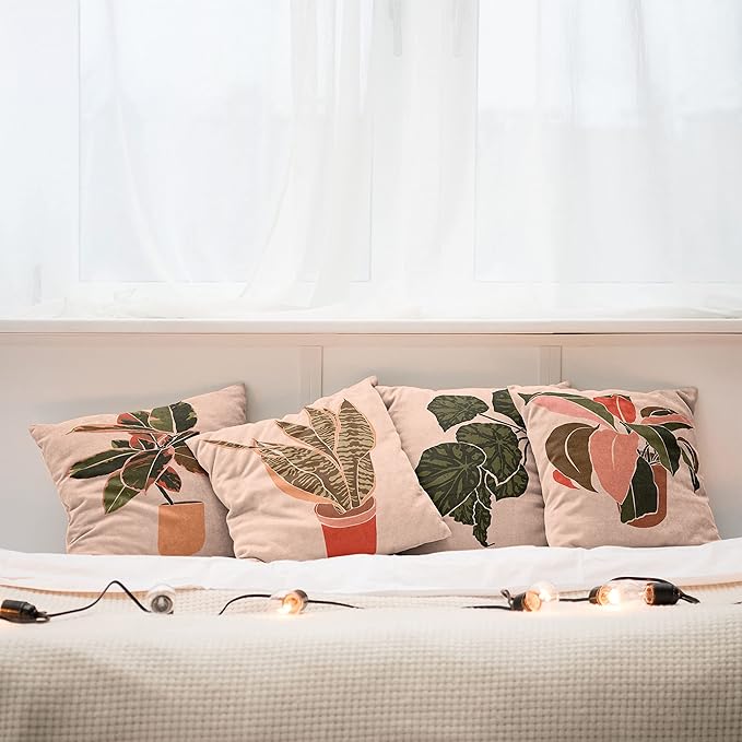 Ambesonne Botanical Throw Pillow Cushion Case Pack of 4, Digital Watercolor Effect Modern Print of House Plants Leaves Pots, Modern Accent Double-Sided Digital Printing, 16", Peach Emerald and Salmon