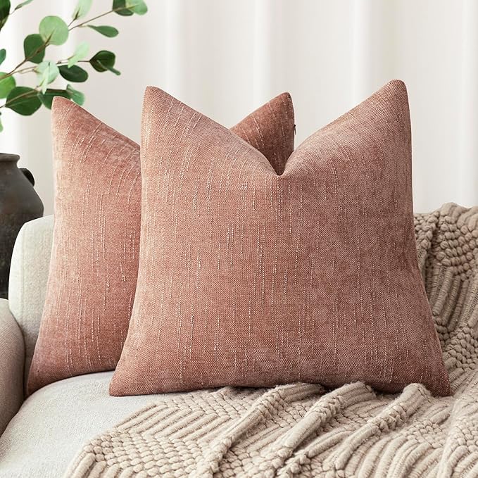 Foindtower Pack of 2 Textured Chenille Throw Decorative Pillow Covers Square Accent Solid Cushion Cover Neutral Farmhouse Pillow Case for Couch Sofa Bedroom Living Room 26x26 Inch,Dusty Pink