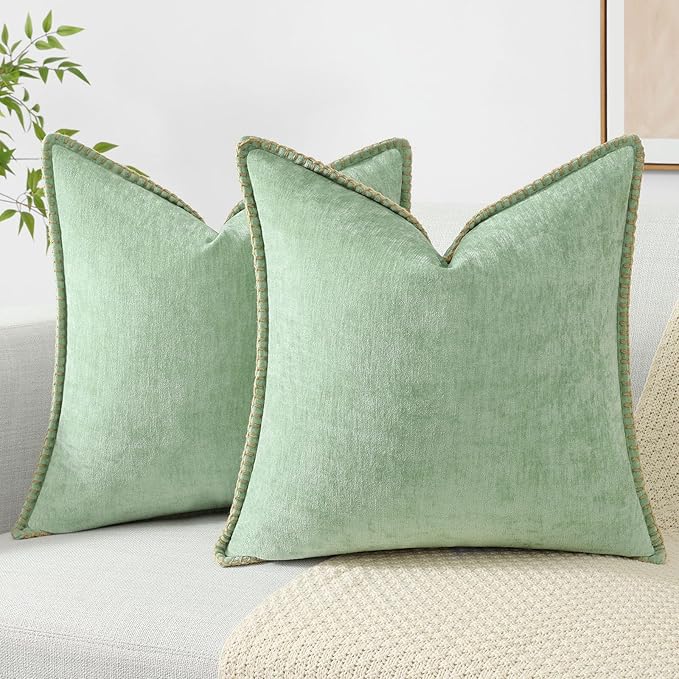 decorUhome Christmas Chenille Soft Throw Pillow Covers 18x18 Set of 2, Farmhouse Velvet Neutral Decorative Euro Pillow Covers with Stitched Edge for Couch Sofa Bed Home Decor, Sage Green