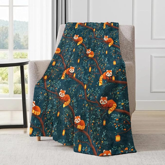 Red Panda Blanket - Cute Nighttime Tree Scene Fleece Throw,Gifts for Kids Girls Boys, Soft & Warm,Lightweight, for Modern Rustic Whimsical Decor, Animal Lovers, and Room Home Accents 60x80in
