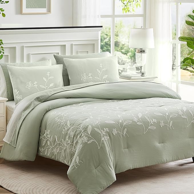 MaiRêve Embroidery Comforter Sets Green Twin Size, Farmhouse Floral Twin Bedding Sets 5 Pieces, Warm Fluffy All Season Bed Set and Comforter Sets(Green, Twin,66"x86")