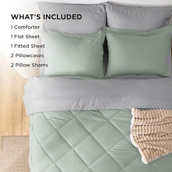 Bedsure King Size Comforter Set - 7 Pieces Reversible Sage Green Bedding, King Size Bed Set for All Seasons, Bed in a Bag with Down Alternative Comforter, Sheets, Pillowcases & Shams