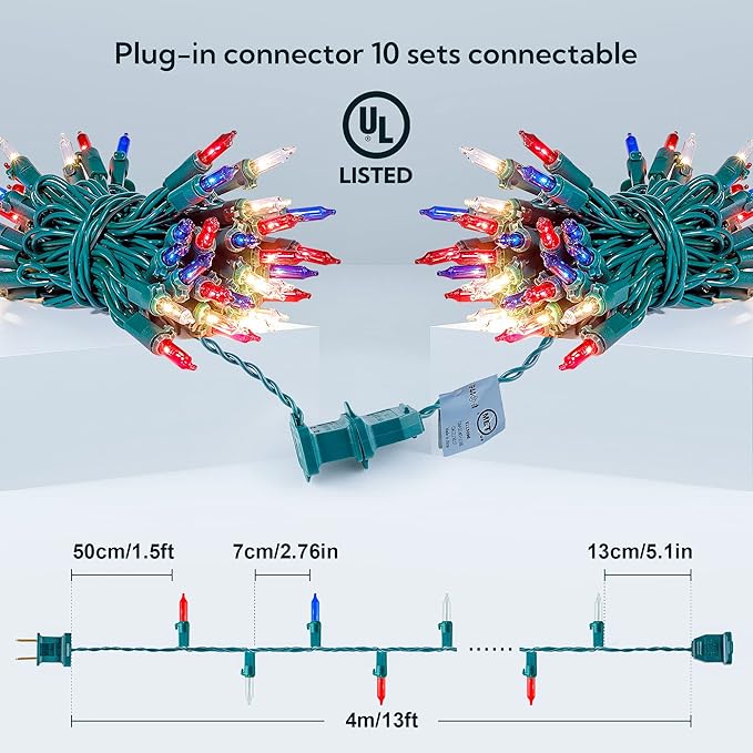 50 Count Red White and Blue Mini String Lights with Green Wire,Connectable 13ft 120V Waterproof 4th of July Patriotic Incandescent Lights, Independence Day Lights for Outdoor Indoor Decor