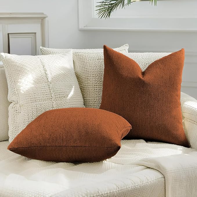 HAUSSY Rust Throw Pillow Covers 22x22 Inch Set of 2,Boho Decorative Faux Linen Throw Pillows Cozy Farmhouse Accent Cushion Covers,Home Decor for Couch Sofa Bed Living Room