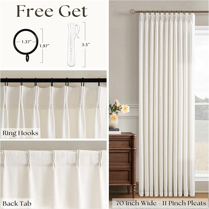 Extra Wide Linen Curtains 90 Inches Long 70 Inch Wide for Living Room Bedroom Light Filtering Cream Natural Pinch Pleated Curtains Neutral Boho Hooks Rings Back Tab Sliding Glass Door 1 Panel 70Wx90L