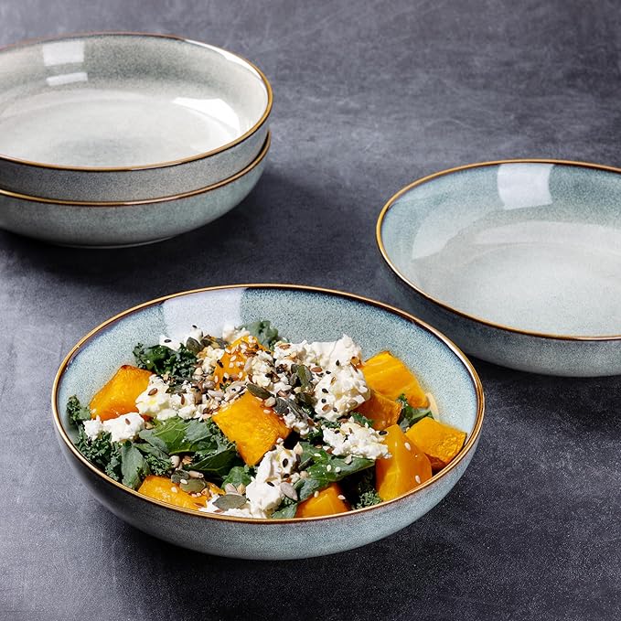 AmorArc 8.5'' Large Ceramic Pasta Bowls, 36oz Stoneware Pasta Serving Bowls Set of 4 for Kitchen, Wide Bowls for Pasta,Salad,Oatmeal, Microwave Safe, Reactive Glaze-Ocean