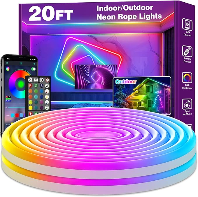 AILBTON 20FT Led Neon Rope Lights Control with App/Remote,Flexible Led Rope Light,Multiple Modes,IP65 Outdoor RGB Lights Waterproof,Music Sync Gaming Led Neon Strip Light for Bedroom Decor