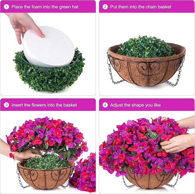 Artificial Hanging Flowers Plant with Basket for Outdoors, Fake Hanging Plants Silk Bougainvillea in Planter Look Real UV Resistant Faux Flower for Outside Porch Patio Garden Home Decor, PurpleHotpink