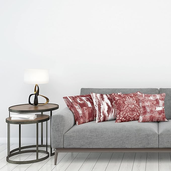 Ambesonne Vintage Throw Pillow Cushion Case Pack of 4, Abstract Grunge Effect Brushstrokes and Waving Striping Stains Paisley Drops, Modern Accent Double-Sided Digital Printing, 16", Maroon Rust White
