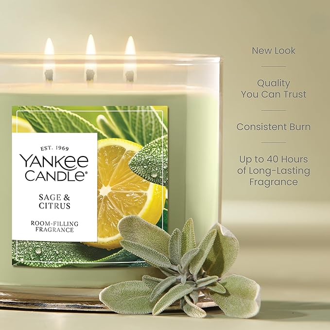 Yankee Candle 3 Wick Candle Jar, Scented Candle with up to 40 Hours of Burn Time, Premium Plant Wax Blend for Consistent Long Lasting Scent from First to Last Burn, Sage & Citrus