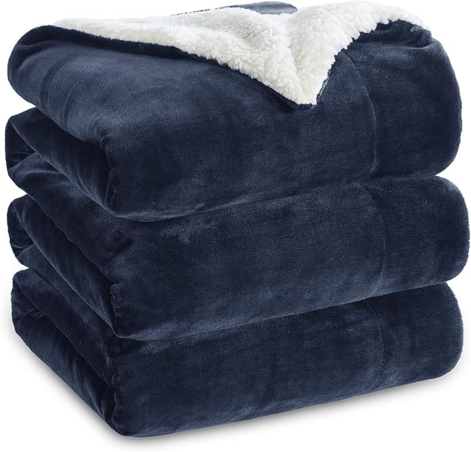 Bedsure GentleSoft Sherpa Fleece Blankets Queen Size for Bed - Thick and Warm Throw for Women and Men, Soft Fuzzy Plush Queen Blanket for Winter, Navy, 90x90 Inches