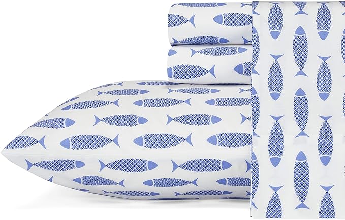 Nautica - Twin Sheets, Cotton Percale Bedding Set, Fully Elasticized, Ideal Dorm Essentials (Woodblock Fish Blue, Twin)