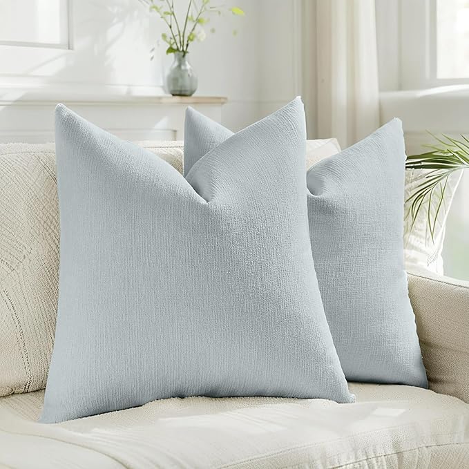 HAUSSY Dusty Blue Throw Pillow Covers 22x22 Inch Set of 2,Boho Decorative Faux Linen Throw Pillows Cozy Farmhouse Accent Cushion Covers,Home Decor for Couch Sofa Bed Living Room