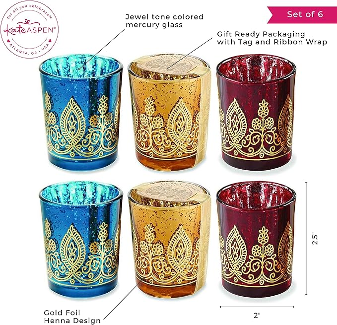 Kate Aspen 20205NA Tealight Henna Glass Votive Candle Holders, Indian Wedding Decorations and Party Favors (Set of 6), Assorted
