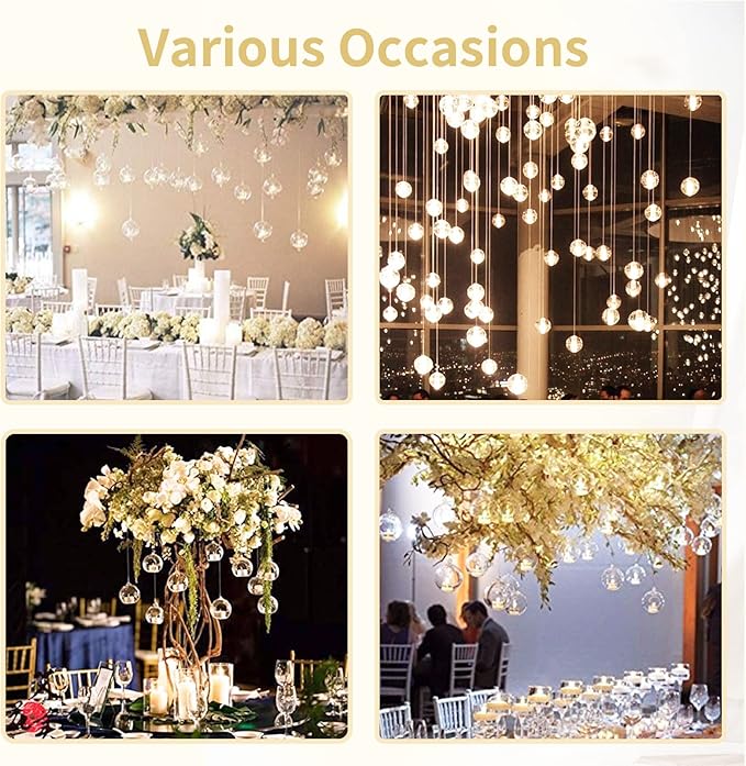 NUPTIO Hanging TeaLight Candle Holder: 24Pcs 2.36in Tree Tea Light Holders with LED Candles Small Glass Globes Ornament Clear Round Mini Terrarium Containers for Wedding Party Tree Decoration