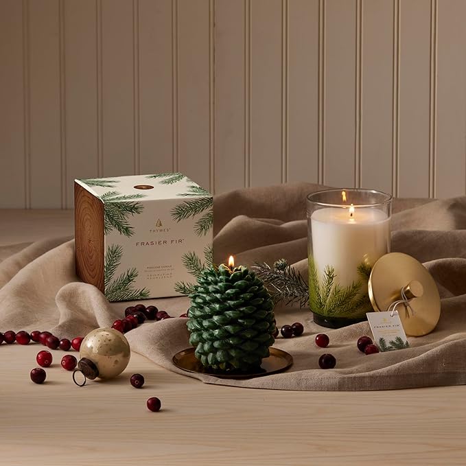 Thymes Frasier Fir Scented Candles for Home Decor - Green Pillar Candles for Women & Men - Place on Candle Holder - Luxury Home Fragrance Gifts (Molded Pinecone Pillar)