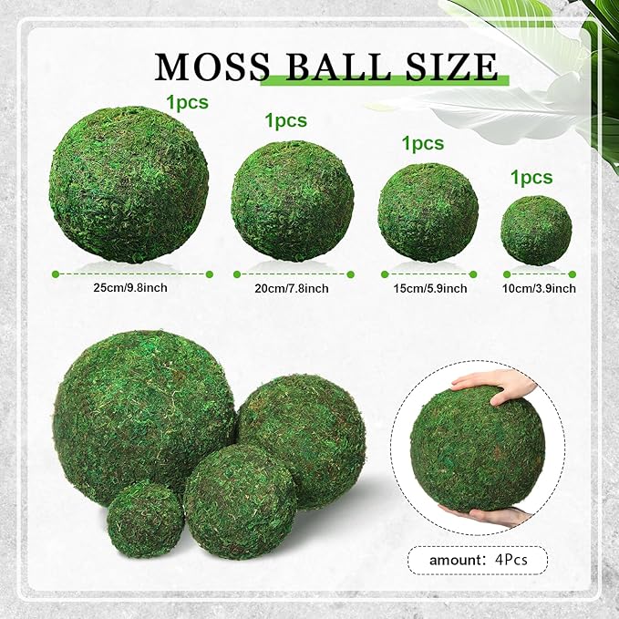 4 Pcs Large Green Moss Balls Artificial Moss Balls Spring Vase Bowl Fillers Hanging for Spring Home Wedding Garden Farmhouse Autumn Table Centerpieces Indoor Outdoor Decor(4 Sizes)