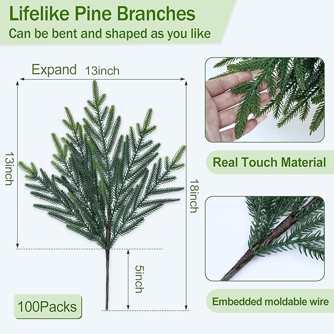 100 Pcs Christmas Greenery Pines Branch Pine Branches Artificial Green Pine Stem - Real Touch for Vase DIY Crafts Flower Arrangement Home Indoor Christmas Decor(18 Inch)