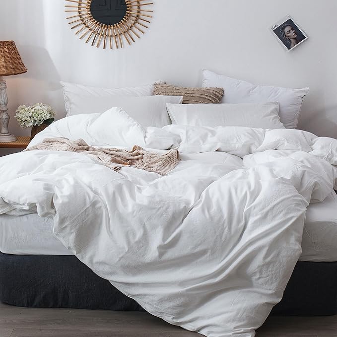 MooMee Bedding Duvet Cover Set 100% Washed Cotton Linen Like Textured Breathable Durable Soft Comfy (Solid Off White, Super King Plus 120"x120")