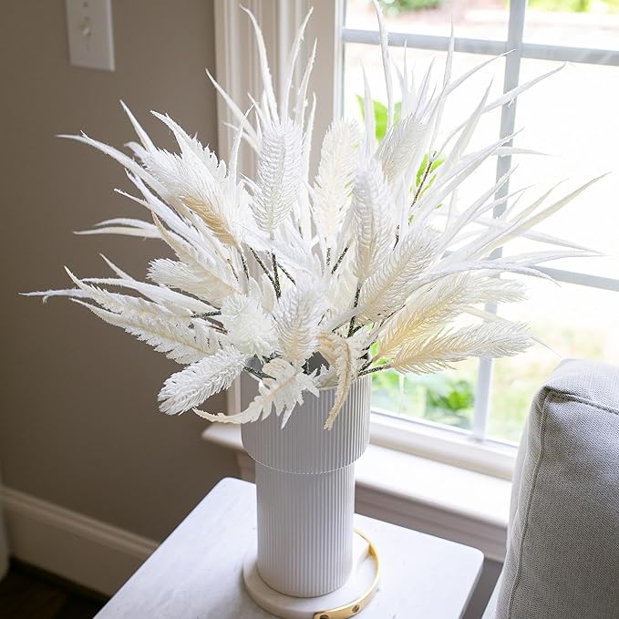 7 PCS Artificial Fall Stem Fake Plants, 26 in Fake Leaves Autumn Greenery Branches White Flowers Faux Foliage DIY Stems for Vase Thanksgiving Home Kitchen Office Indoor Centerpiece Table Decoration