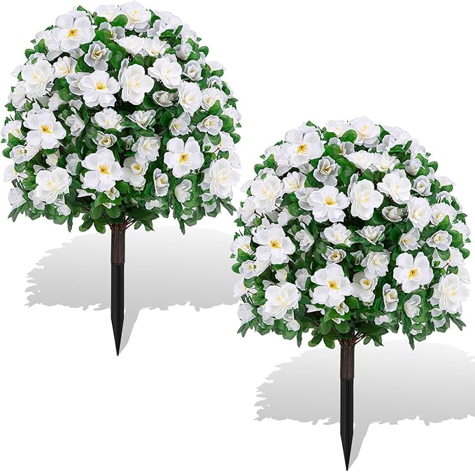 Artificial Boxwood Topiary Ball Trees with Ground Spikes UV Resistant Faux Greenery Shrubs Fake Shrubs for Outdoors, Realistic Faux Plants Bushes for Garden Porch Yard Patio Decor (White)