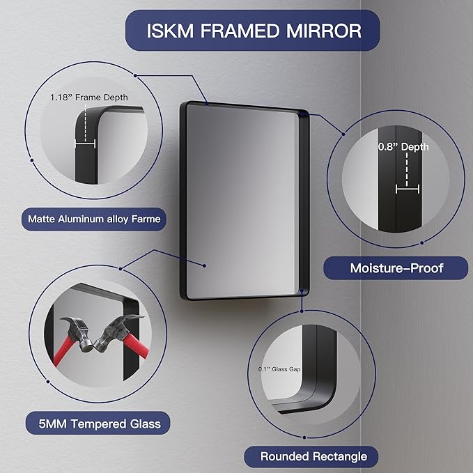 ISKM Black Bathroom Mirror for Wall 44" x 36" Matte Black Framed Vanity Mirror, Shatter-Proof, Tempered Glass, Rounded Rectangle Mirror(Horizontal/Vertical)