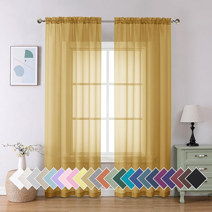 Aiyufeng Gold Sheer Curtain 90 Inches Long 2 Panels Set, Light Filtering Gold Window Curtain Drapes Treatment for Kitchen, Bedroom,Children Room, Dual Rod Pocket, 2 Pack of 42 x 90"