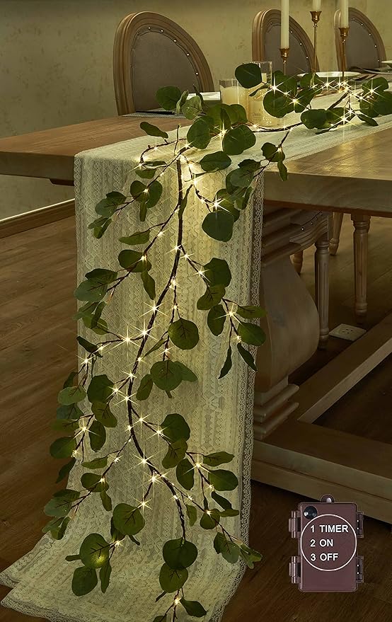 Hairui Lighted Artificial Eucalyptus Garland 6FT 96 LED Battery Operated Faux Vine Lights with Timer for Spring Wedding Backdrop Wall Decor