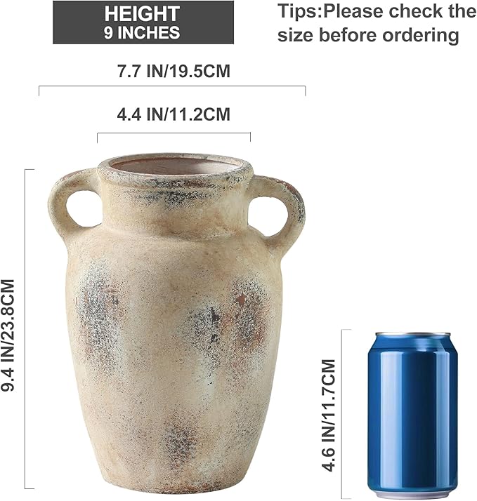 Farmhouse Ceramic Vase with Handle,9.7 inch Handcrafted Vintage Terracotta Pottery Vases for Shelf Decor, Coffee Table Styling, or Bedroom Accent