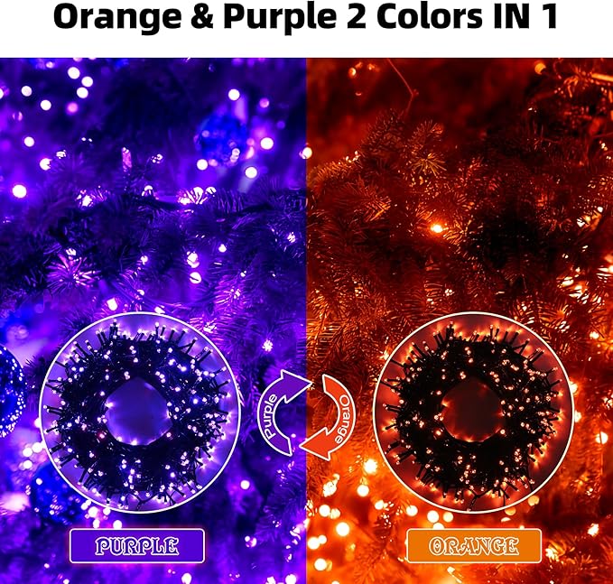 Orange Purple Halloween Lights Outdoor Indoor, 108FT 300 LED 2 Colors in 1 Christmas Lights, Fairy Lights, END to END Connect, Waterproof Halloween Decorations Decor Timer Remote (100% UL)