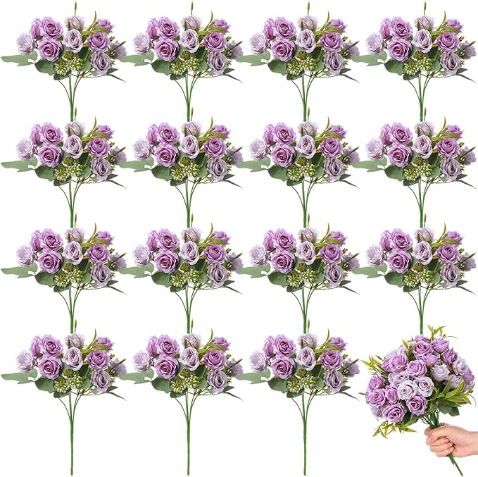 Zeyune 16 Bunches 12 Inch Artificial Mini Rose Bouquet 160 Heads Bridal Flower Bouquets Fake Silk Rose Bulk for Wedding Bridal Shower Christmas Home Office Garden Decoration(Purple and Light Purple)